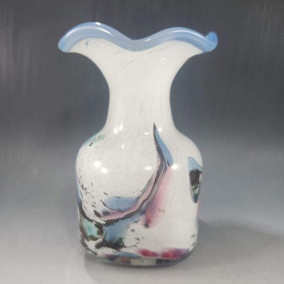 Signed Art Glass Vase Cased Clear Confetti White Swirl Blue Crest Amethyst Pink - Picture 4 of 10